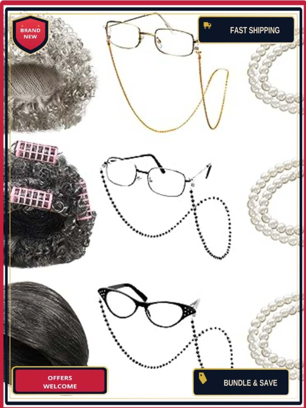 9 Pc Grandma Wig Old Lady Costume Set with Necklace & Glasses